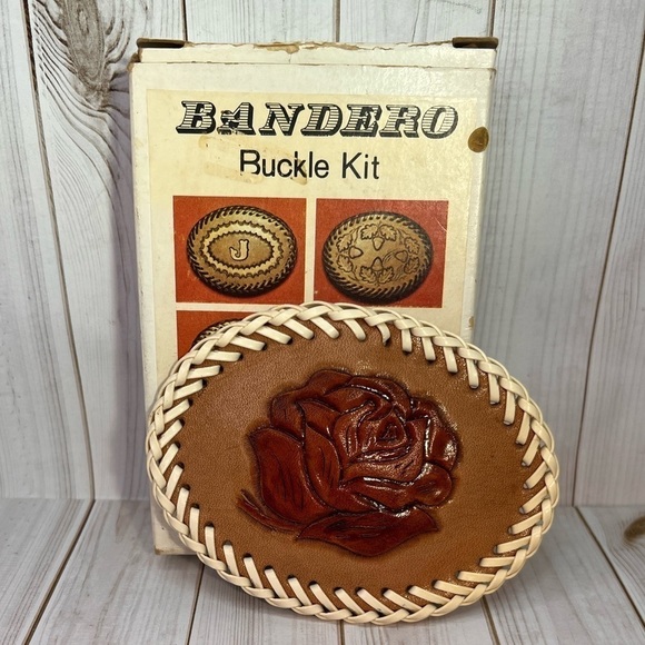 NWT Vintage Tandy Bandero Buckle Kit Leather Tooled Rose Belt Buckle Whipstich main image 10